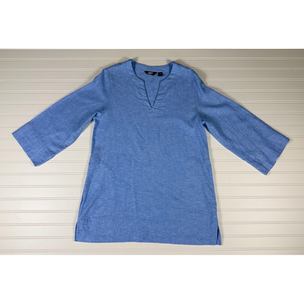 Lands' End Linen Blend Tunic Top Split Neck 3/4 Sleeve‎ Casual Travel Small Blue